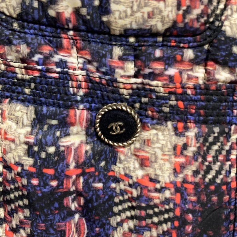 Chanel Tweed Transfer Print Padding Jacket 34 Navy Multicolor