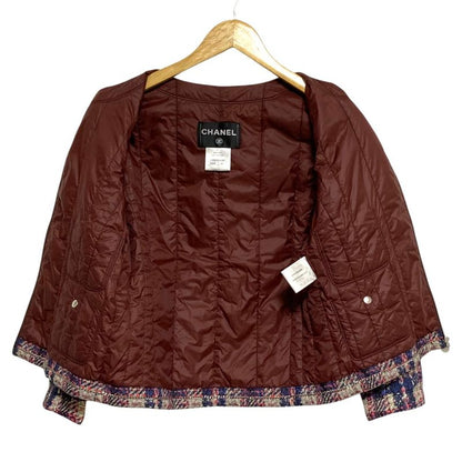 Chanel Tweed Transfer Print Padding Jacket 34 Navy Multicolor