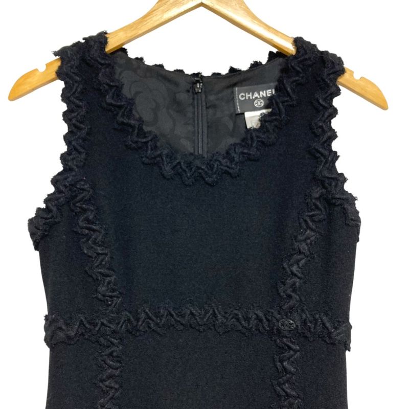 Chanel CC Logo Tweed Sleeveless Dress 38 Black