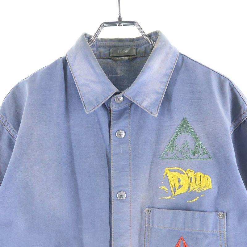 Dior Graphic Logo Embroidery Cotton Denim Shirt Blue