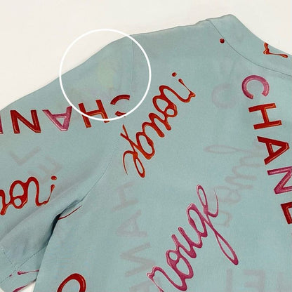 Chanel Vintage Logo Print Silk Blouse Short Sleeve 36 Blue Top