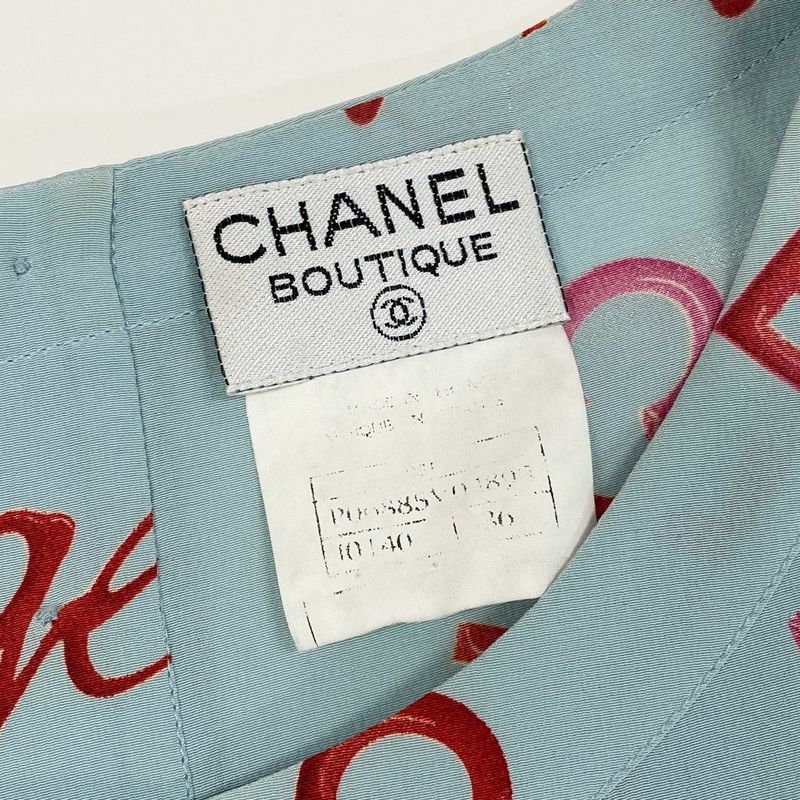 Chanel Vintage Logo Print Silk Blouse Short Sleeve 36 Blue Top