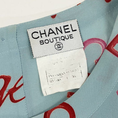 Chanel Vintage Logo Print Silk Blouse Short Sleeve 36 Blue Top