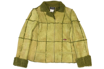Chanel Fleece Jacket CC Logo Lambskin Khaki Leather 42