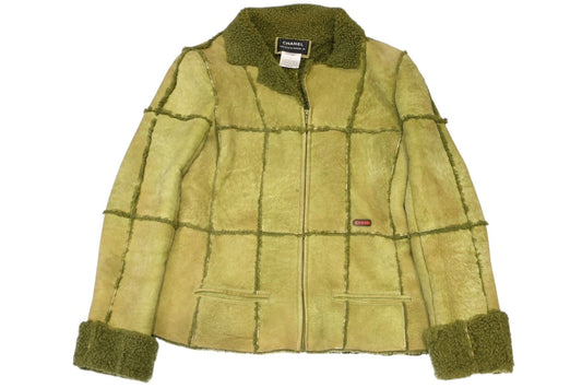 Chanel Fleece Jacket CC Logo Lambskin Khaki Leather 42