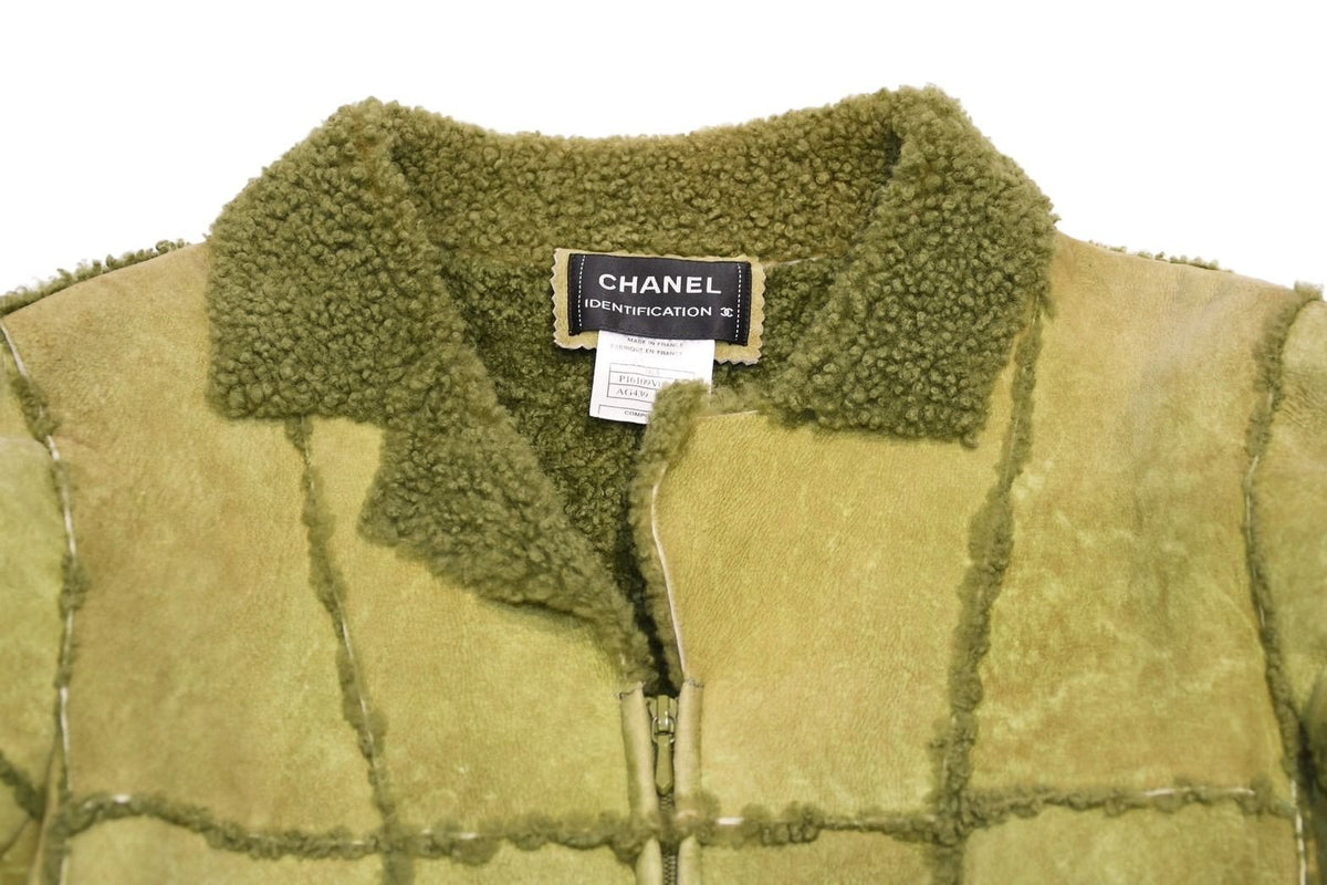 Chanel Fleece Jacket CC Logo Lambskin Khaki Leather 42 — view 3