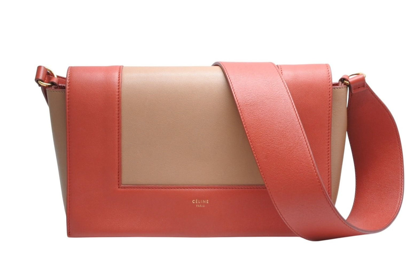 Celine Frame Shoulder Bag Bicolor Leather Red Brown Gold