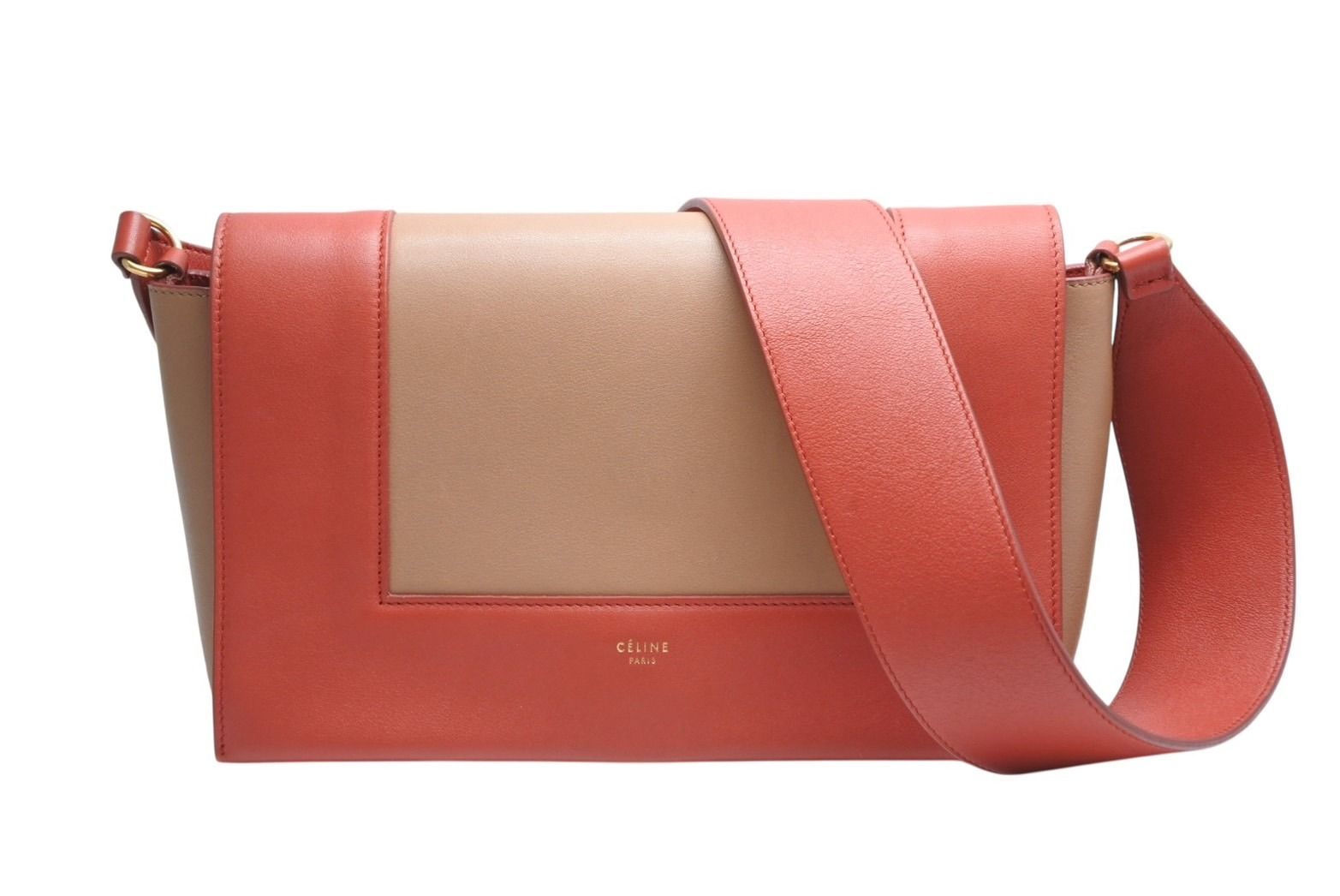 Celine Frame Shoulder Bag Bicolor Leather Red Brown Gold
