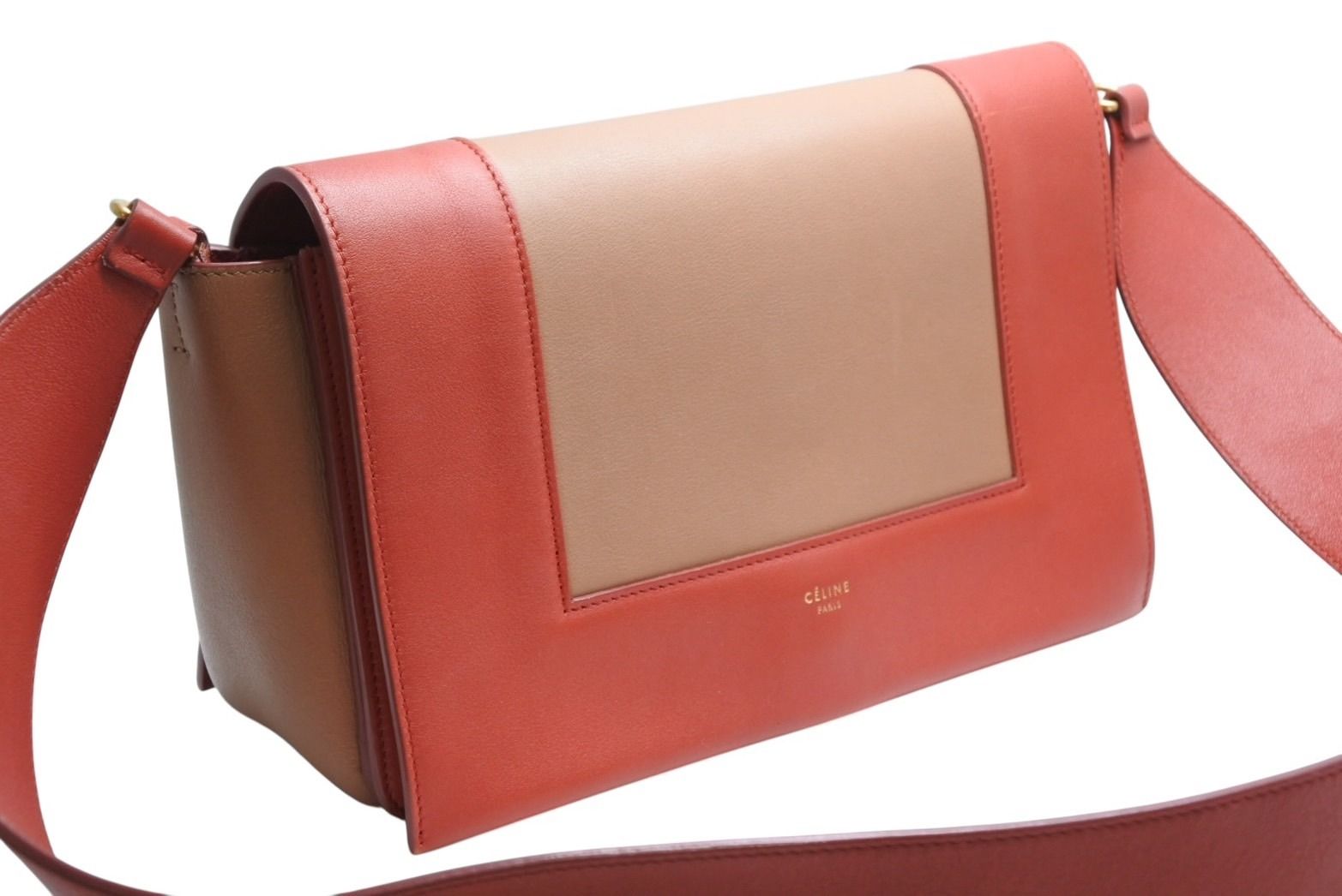 Celine Frame Shoulder Bag Bicolor Leather Red Brown Gold — view 3