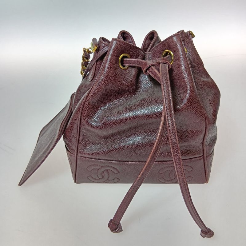 Chanel Shoulder Bag Drawstring Chain Caviar Leather CC Logo Gold Bold