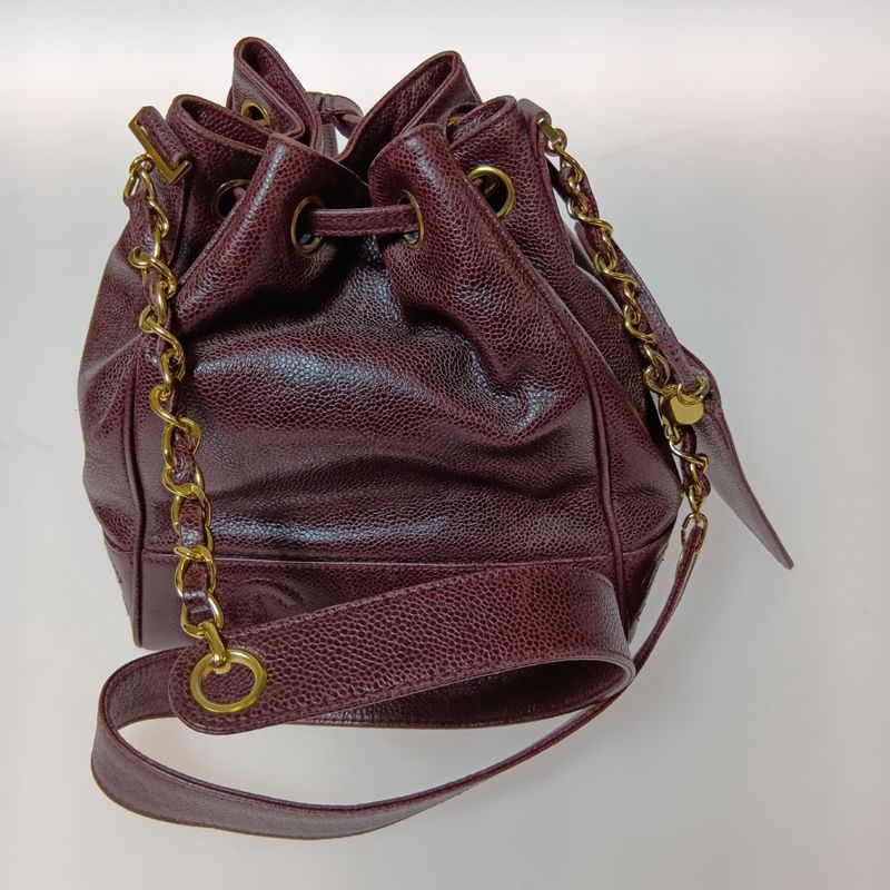 Chanel Shoulder Bag Drawstring Chain Caviar Leather CC Logo Gold Bold