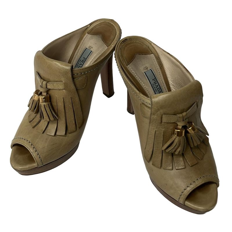 Prada Mule 36.5 Khaki Beige Thick Sole Tassel Fringe Leather