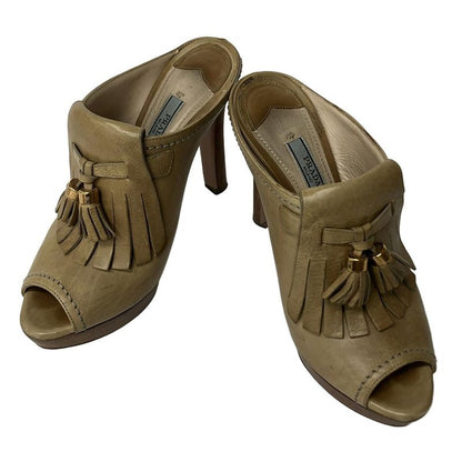 Prada Mule 36.5 Khaki Beige Thick Sole Tassel Fringe Leather