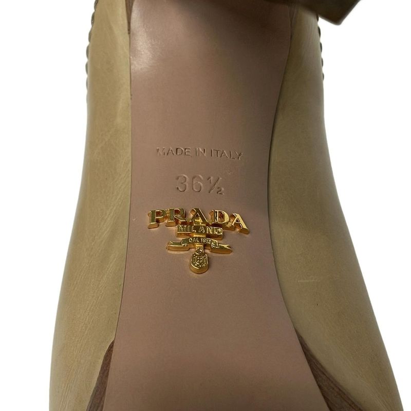 Prada Mule 36.5 Khaki Beige Thick Sole Tassel Fringe Leather