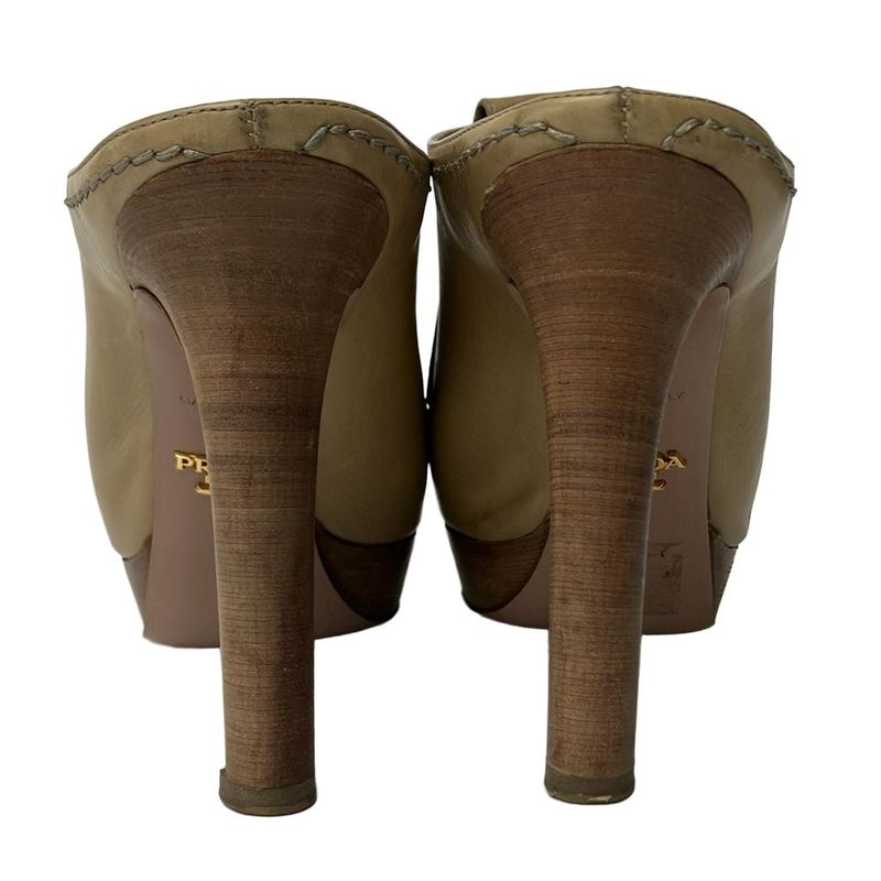 Prada Mule 36.5 Khaki Beige Thick Sole Tassel Fringe Leather