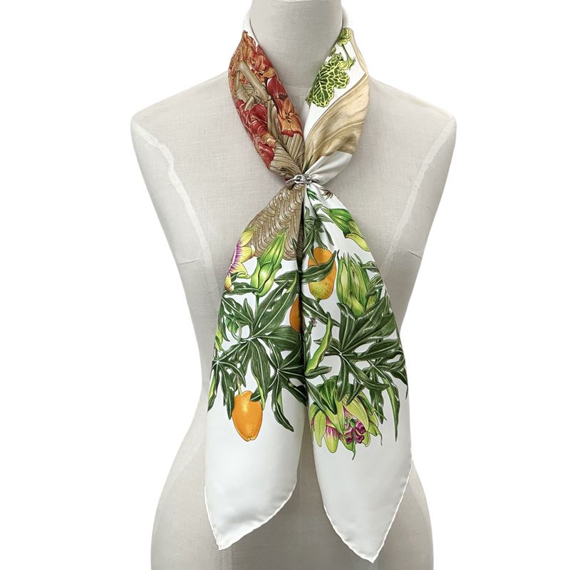 Hermes Scarf Carre 90 Passiflores Passion Flower Silk White