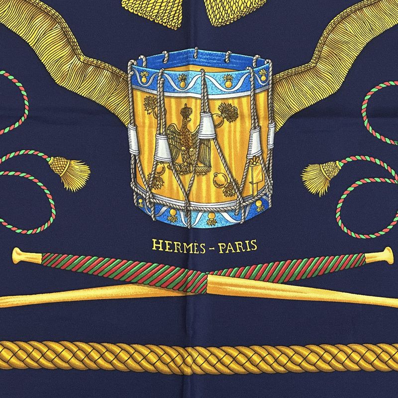 Hermes Scarf Carre 90 les Tambours Tambour Drum Silk Navy Multicolo