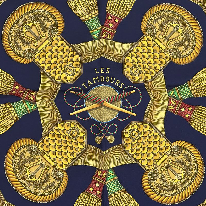 Hermes Scarf Carre 90 les Tambours Tambour Drum Silk Navy Multicolo