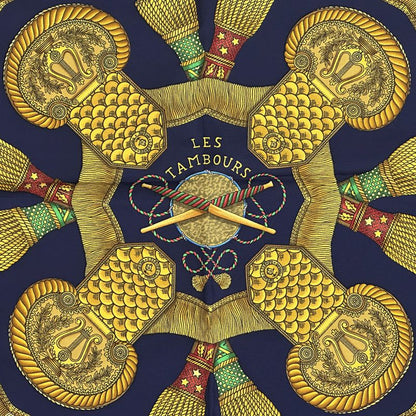 Hermes Scarf Carre 90 les Tambours Tambour Drum Silk Navy Multicolo