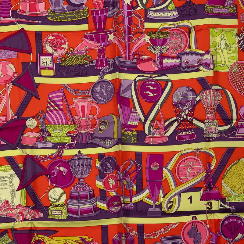 Hermes Carre 90 les Trophees Orange Multicolor Silk