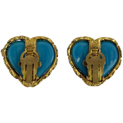 Chanel Heart Motif Color Stone Earrings Gripoix Earrings Gold Plated Blue