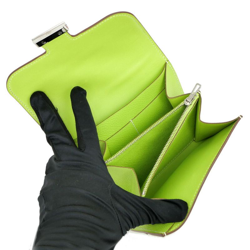 Hermes Constance Compact Kiwi Yellow Green Silver Epsom