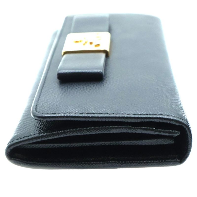 Prada Ribbon Saffiano Bifold Wallet Card Case Black Leather