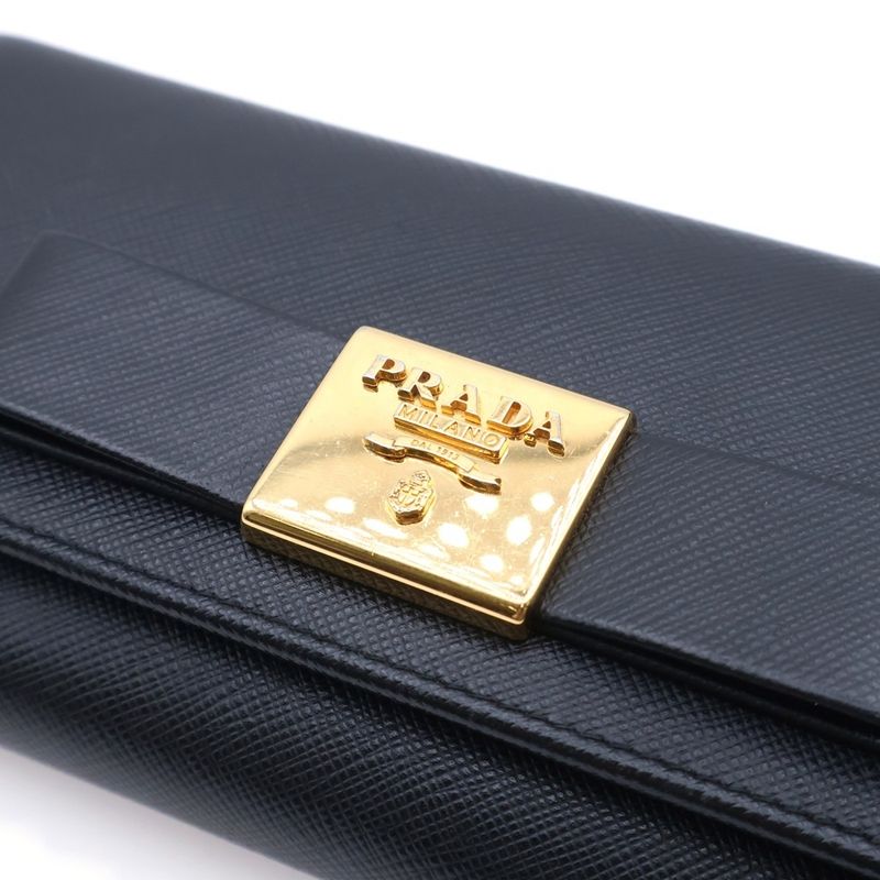 Prada Ribbon Saffiano Bifold Wallet Card Case Black Leather