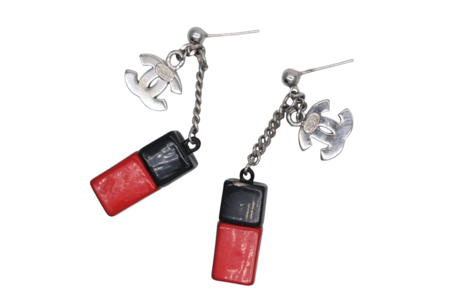 Chanel CC Logo Nail Bottle Earrings Black Red Silver Brass — view 4