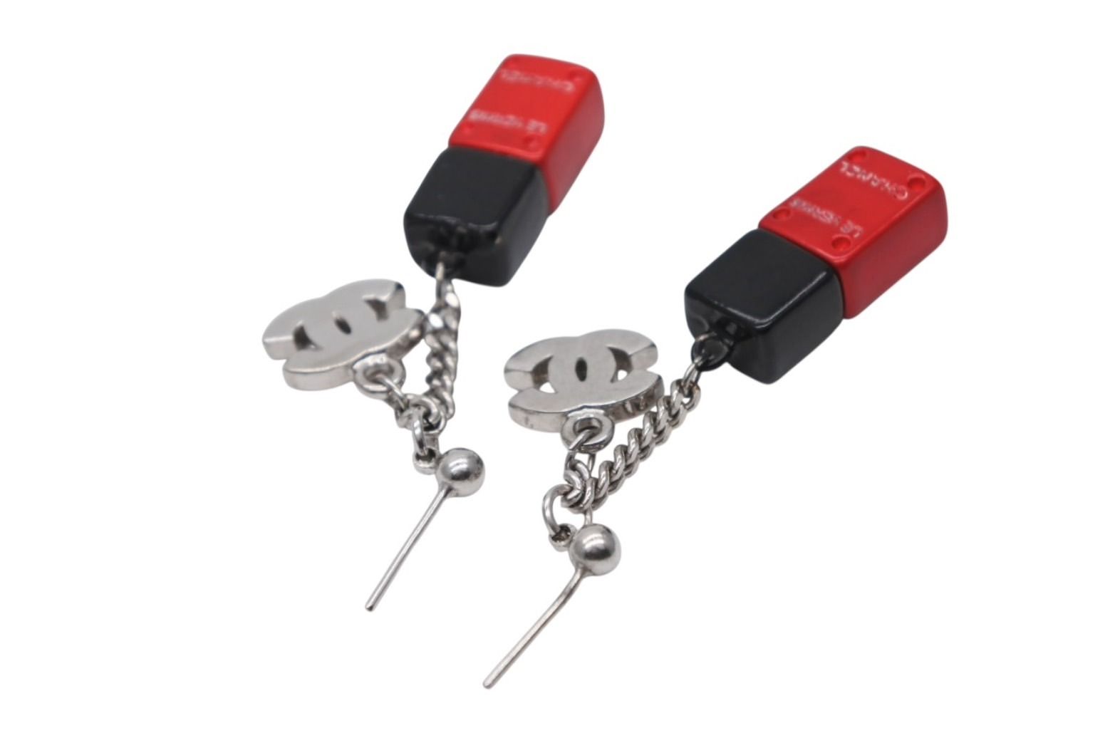Chanel CC Logo Nail Bottle Earrings Black Red Silver Brass — view 3