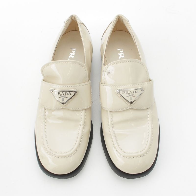 Prada Patent Leather Triangle Logo Chocolate Brushed Loafers Off White 37