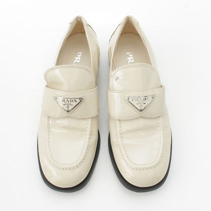 Prada Patent Leather Triangle Logo Chocolate Brushed Loafers Off White 37