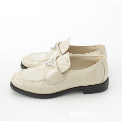 Prada Patent Leather Triangle Logo Chocolate Brushed Loafers Off White 37