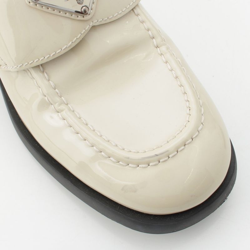 Prada Patent Leather Triangle Logo Chocolate Brushed Loafers Off White 37