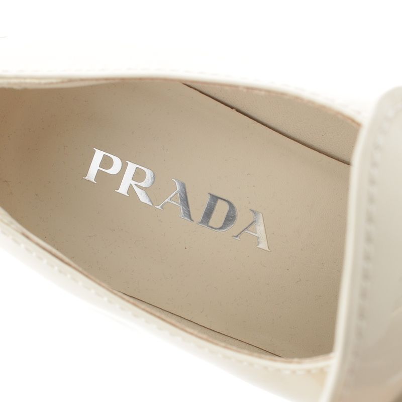 Prada Patent Leather Triangle Logo Chocolate Brushed Loafers Off White 37
