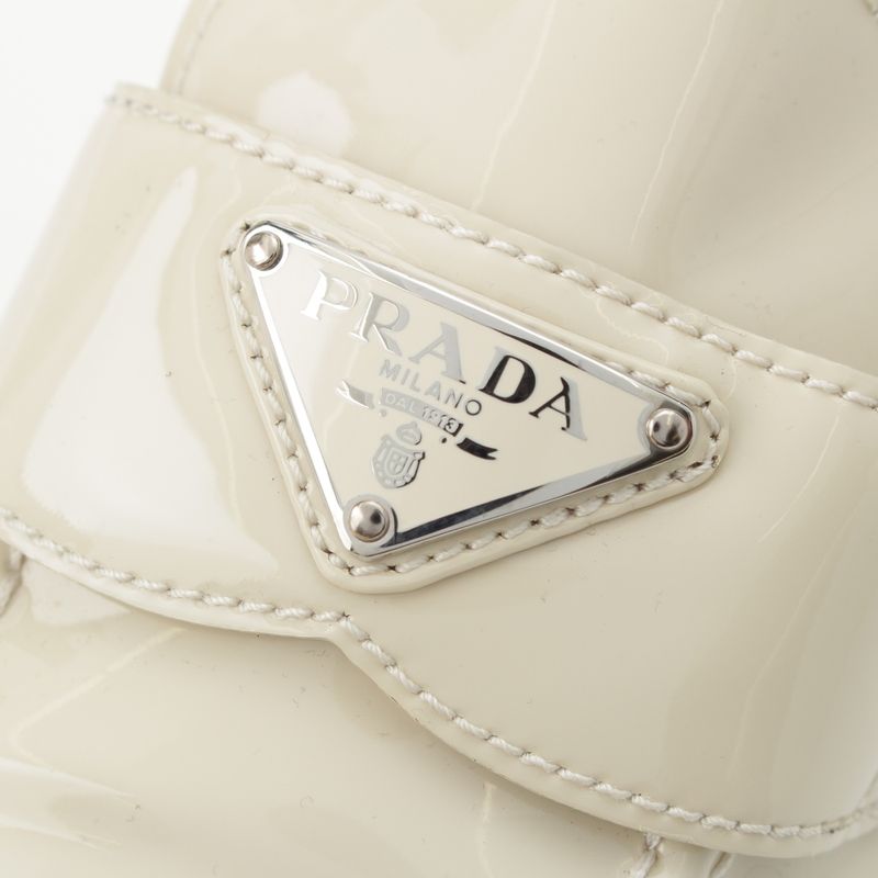 Prada Patent Leather Triangle Logo Chocolate Brushed Loafers Off White 37