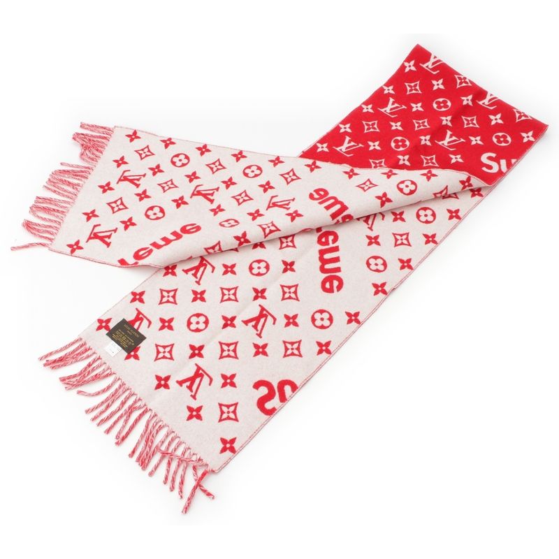 Louis Vuitton Supreme Wool Cashmere Blend Monogram Logo Scarf Red