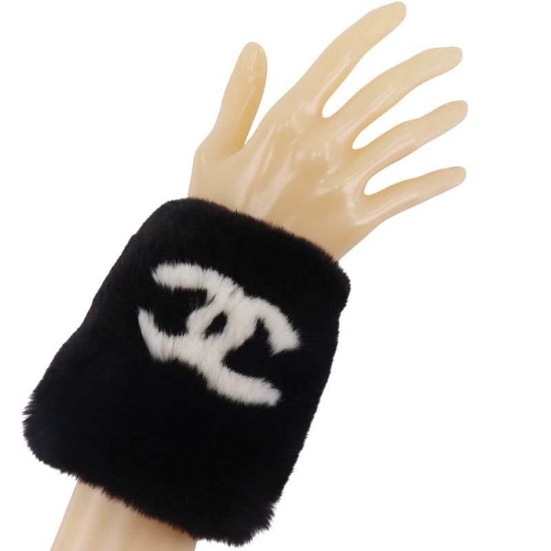 Chanel CC Logo Wristband Rabbit Fur Black Bracelet