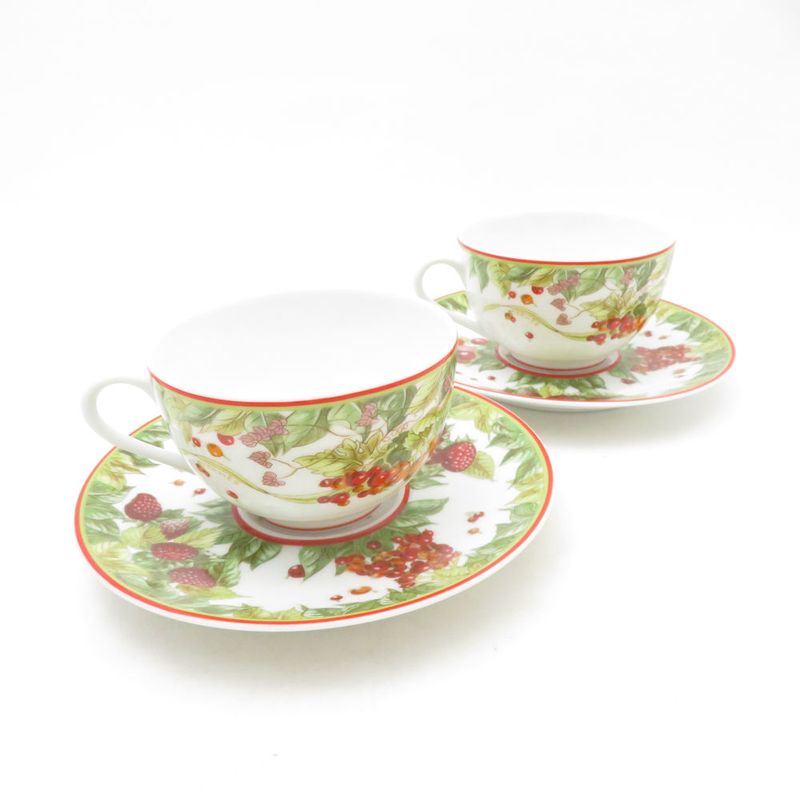 Hermes Pythagoras Tea Cup & Saucer 2 Guests Pair Fruit Pattern Out of Print Hat