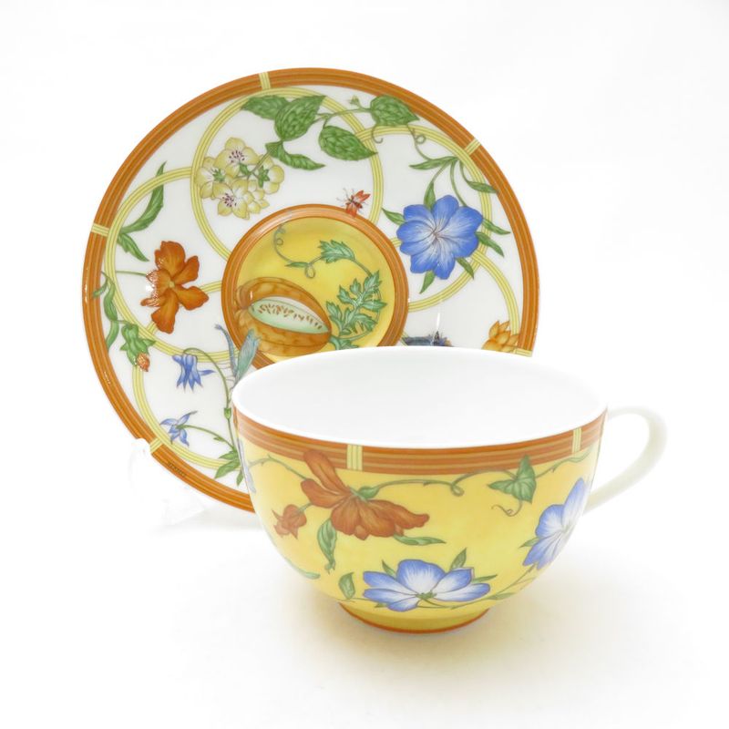 Hermes Siesta Tea Cup & Saucer 2 Guest Pair Flower and Bird Pattern Fruit Hat