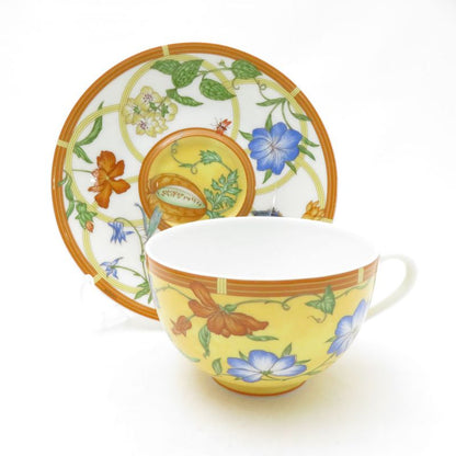 Hermes Siesta Tea Cup & Saucer 2 Guest Pair Flower and Bird Pattern Fruit Hat