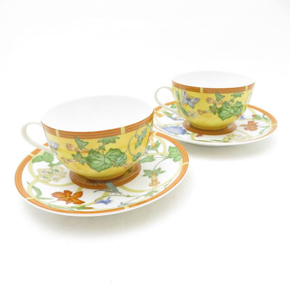 Hermes Siesta Tea Cup & Saucer 2 Guest Pair Flower and Bird Pattern Fruit Hat