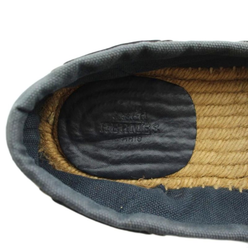 Hermes Slip on Moccasins Flat Canvas Espadrilles Ribbon 42 Navy