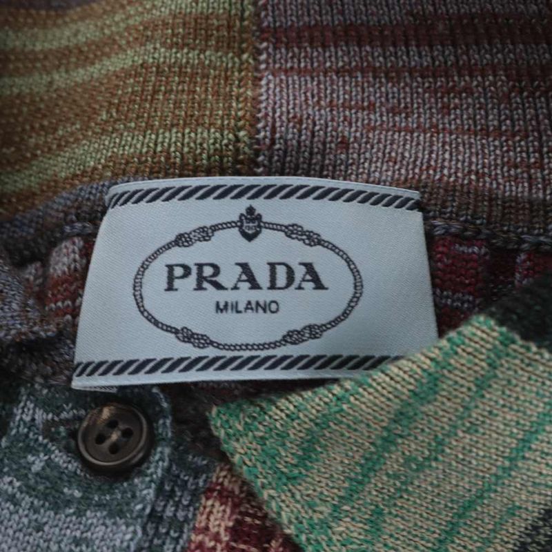 Prada Knit Polo Shirt Silk Blend 38 Multicolor Patchwork Pattern Rib 3/4