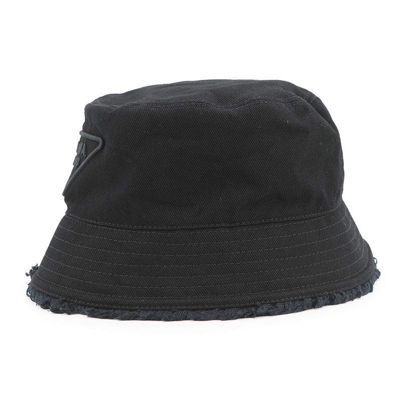 Prada Bucket Hat Fringe Triangle Logo Cotton M Black