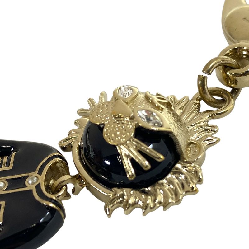 Chanel Lion Charm Key Holder Key Ring CC Logo Rhinestone Pearl Gold Black