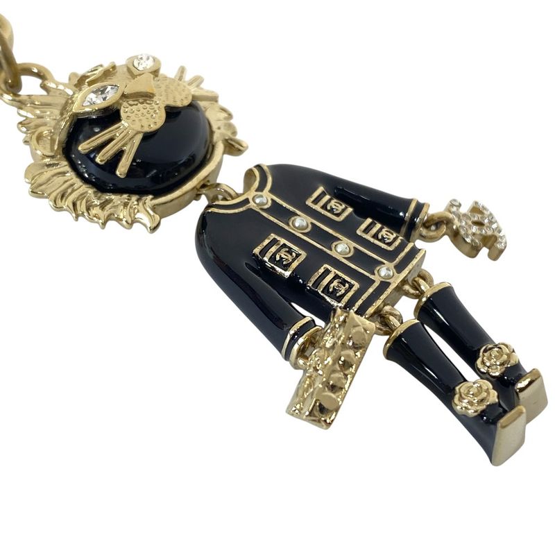 Chanel Lion Charm Key Holder Key Ring CC Logo Rhinestone Pearl Gold Black