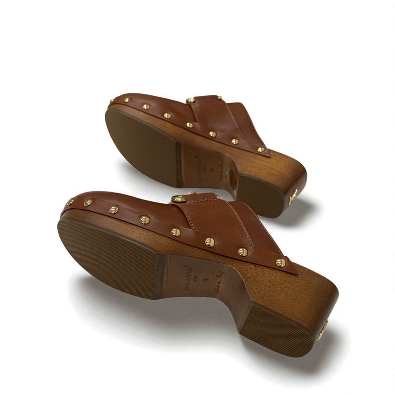 Louis Vuitton Cottage Line Sandals Shoes Leather Brown Gold Logo Studs Sabot