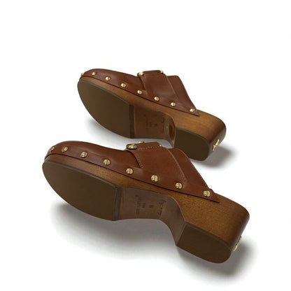 Louis Vuitton Cottage Line Sandals Shoes Leather Brown Gold Logo Studs Sabot