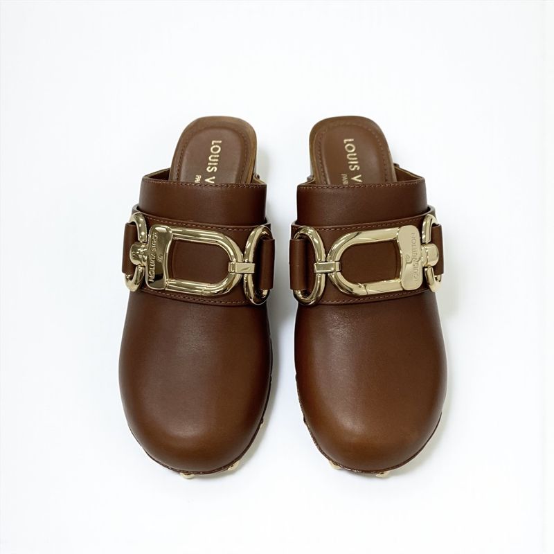 Louis Vuitton Cottage Line Sandals Shoes Leather Brown Gold Logo Studs Sabot